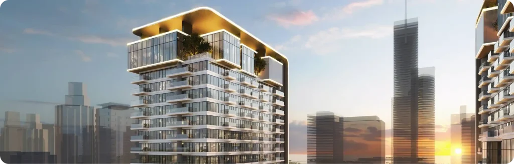 Modern high-rise residential building with illuminated rooftop garden, surrounded by a stunning urban skyline at sunset.