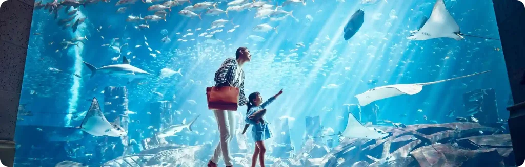 A mother and child admiring marine life, including rays and fish, in a vibrant underwater aquarium illuminated by sunlight.