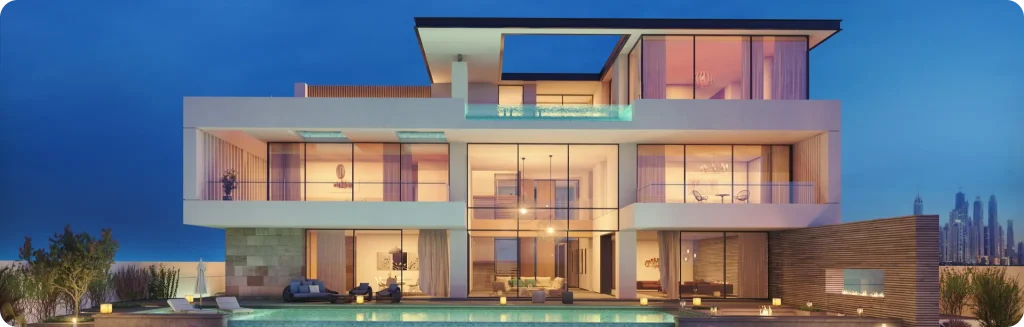 Modern luxury villa with glass facade and a pool, set against a city skyline.