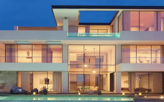 Modern luxury villa with glass facade and a pool, set against a city skyline.