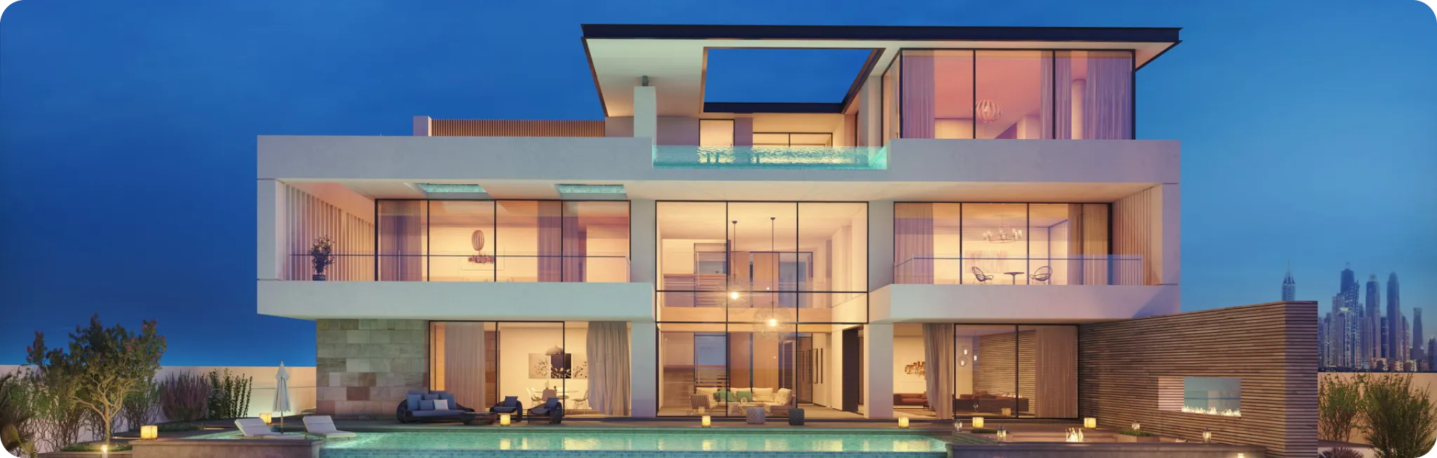 Modern luxury villa with glass facade and a pool, set against a city skyline.