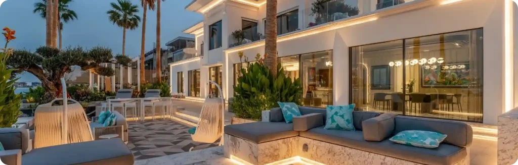 Luxury outdoor seating area with elegant lighting and modern architecture.