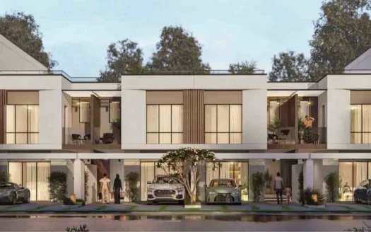 Modern townhouses with contemporary architecture and lush greenery in a serene setting.