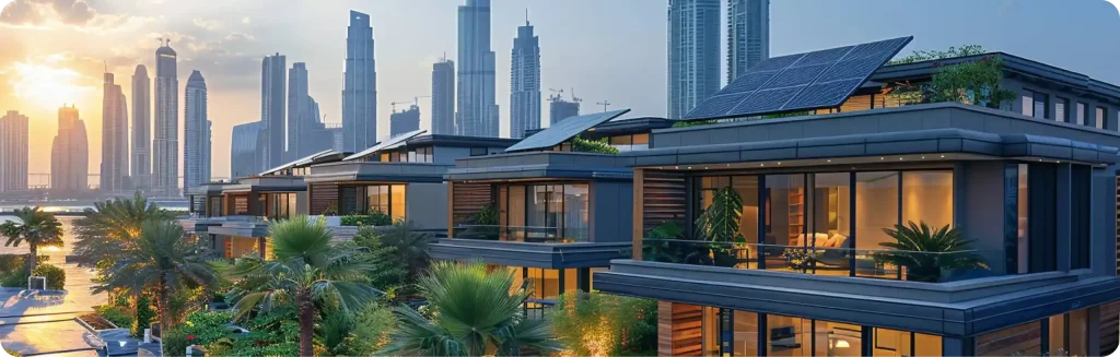 Luxurious modern villas with rooftop solar panels and a city skyline backdrop at sunset.