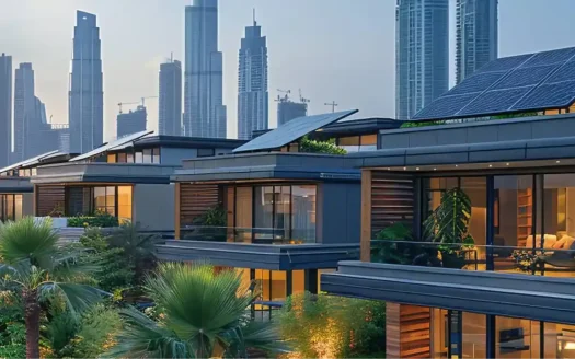 Luxurious modern villas with rooftop solar panels and a city skyline backdrop at sunset.