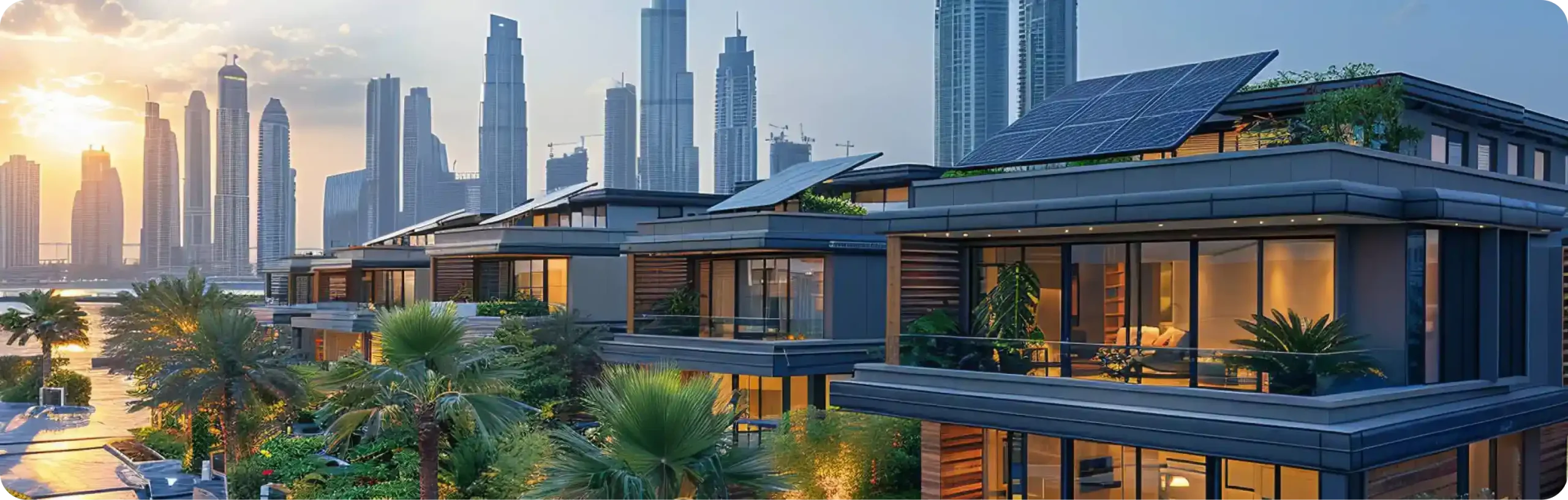 Luxurious modern villas with rooftop solar panels and a city skyline backdrop at sunset.